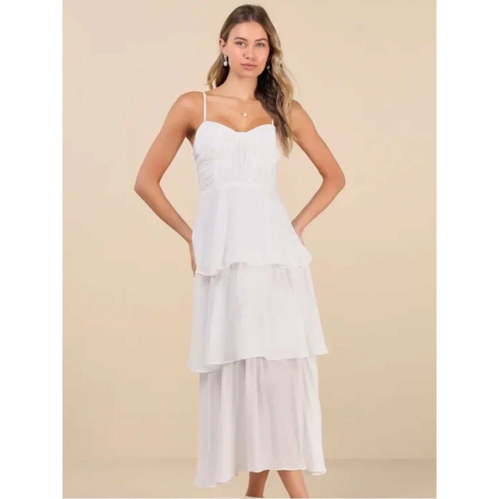 Lulus M Pleated Tiered Bustier Midi Dress Bridal Shower Wedding Honeymoon Elope